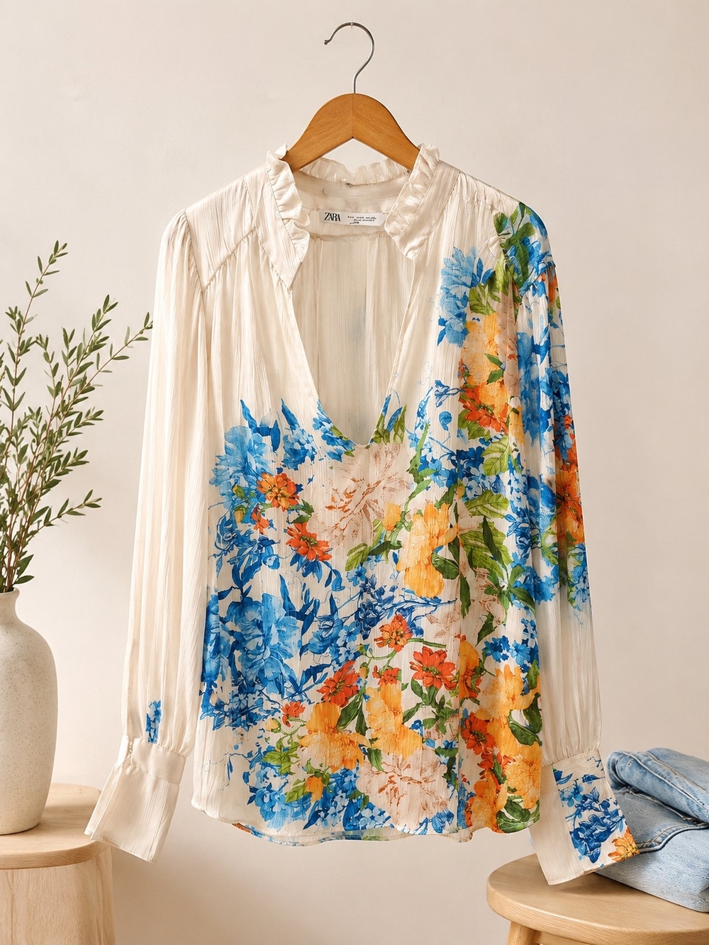 Zara Cream Blouse with Blue, Orange & Green Floral S